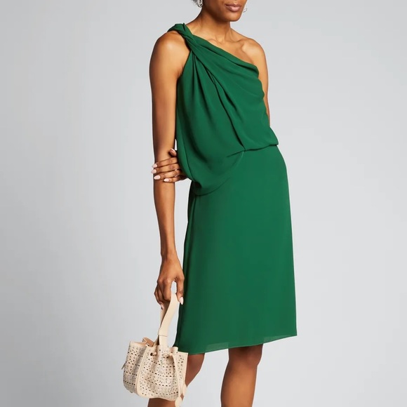 NWT Halston Braided Strap One-Shoulder Silky Georgette Dress - Picture 1 of 11